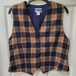 Vintage 90s Pendleton Wool Plaid Vest Petite 14 Navy Tan Tartan Button Front